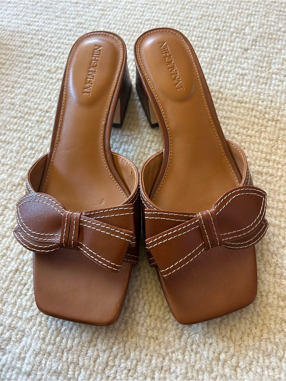 J. McLaughlin Tan Leather Bow Block Heel Mules